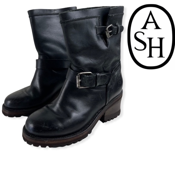 Ash Shoes - ASH Black Leather Chunky Sole Heavy Duty Moto Biker Combat Boots Stacked Heel 38